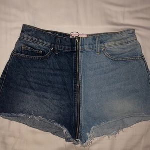 REVICE Two-Tone Denim High-Waist Shorts — Dark & Light Blue
